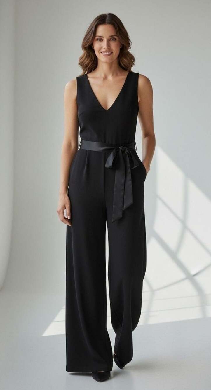 Banana Republic Black Sleeveless V-Neck Tie Waist Wide Leg Jumpsuit